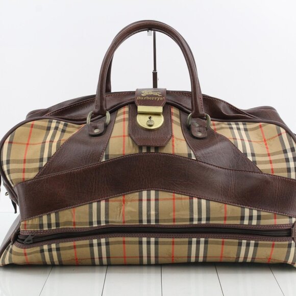 Burberry Other - Burberry Tan Plaid Canvas and Brown Leather Duffel Bag